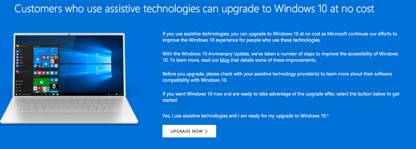 Windows 10 Upgrade assistive technologies