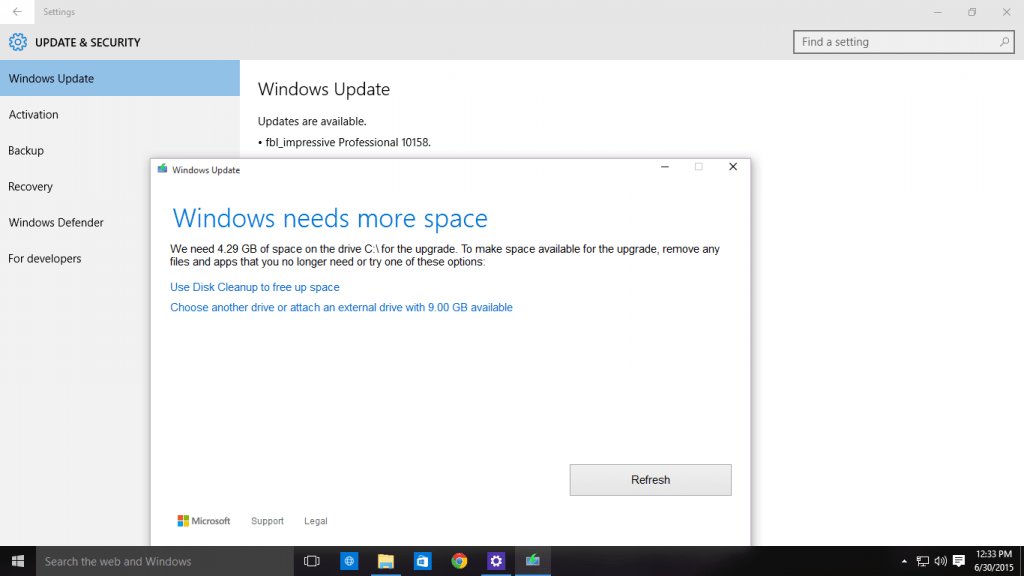 Windows Update External Space