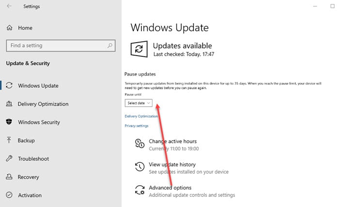 Pause Windows 10 Insider
