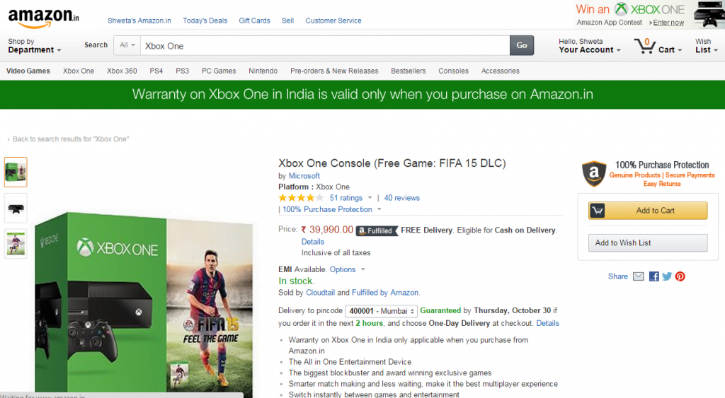 Warranty on Xbox One in India is Valid Only when you Bought from Amazon.in