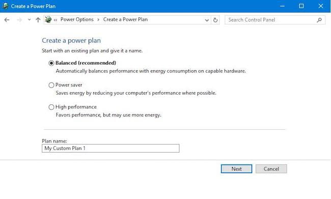 create a new Power Plan in Windows 10