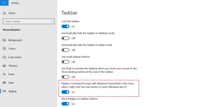 Enable PowerrShell in Taskbar Settings