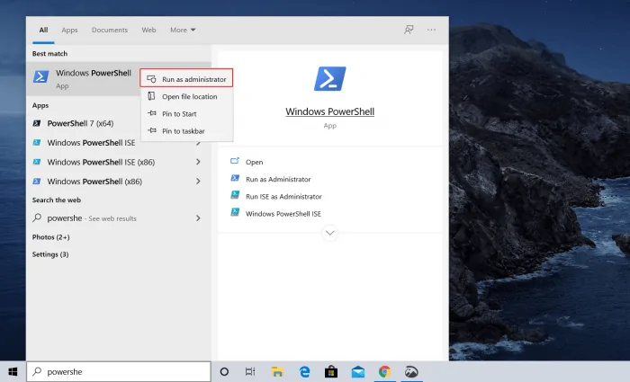 how to open PowerShell from search box PowerShell Admin Permission