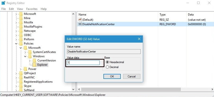 Disable Action Center in Windows 10