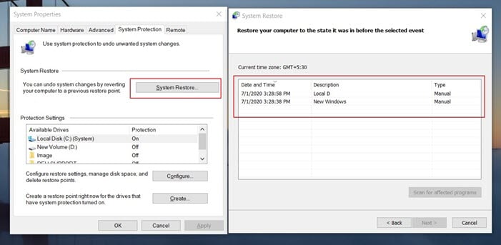 Create and Restore using System Restore - Restore