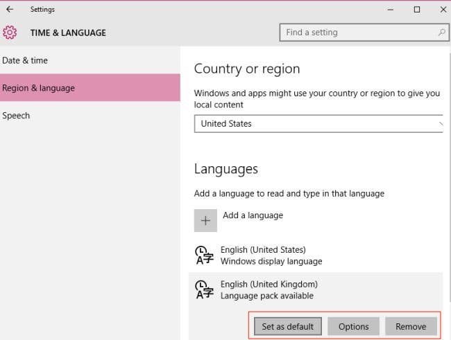 Set new language as default in Windows 10