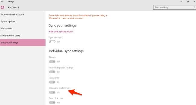 Disable Language Sync in Windows 10